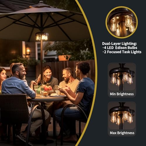 Image of Patio Umbrella Light with Remote Control, Rechargeable Cordless LED Edison Bulbs Pole Light with 10 Brightness Levels for Garden, Patio, Backyard, Camping or BBQ - Brown (1 Pack)