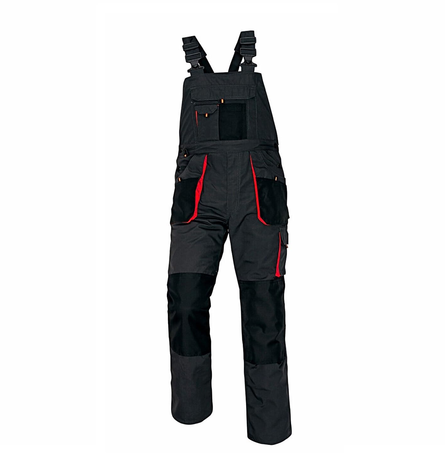Agritrade AK Work Bib & Brace - Classic Workwear - Multipockets, Regulation of the Waist Size, Men's Trousers, Wide Braces, Solid Buckles, Reinforced, Grey - Red