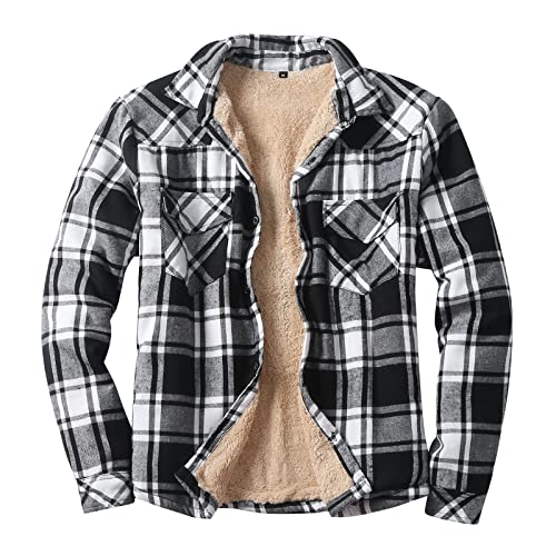 Mens Sherpa Lined Flannel Shirt Jacket Fall Winter Plaid Shirt Sherpa Lining Long Sleeve Sherpa Lined Shirt Jacket