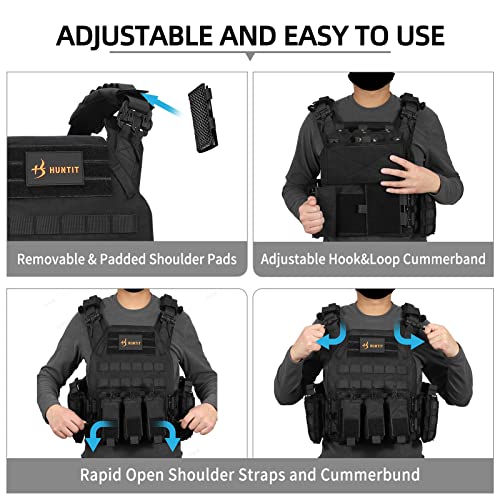 Huntit Tactical Vest Fully Adjustable Tactical Molle Vest Quick Release Airsoft Vest Military Weighted Vest With Utility Pouch (Black) #TOP3