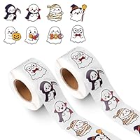 1000pcs Halloween Stickers Roll, 8 Styles Self Adhesive Cute Ghost Stickers Round Decals for Candy Bags Scrapbooks Gift Wrapping Halloween Party Favors and Decorations