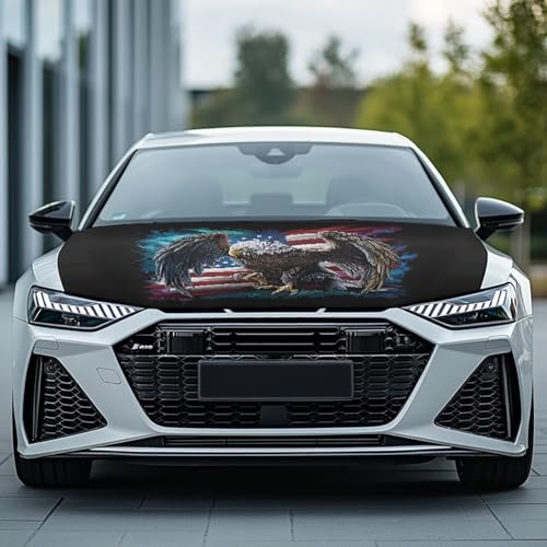 Image of Car Hood Cover Car Hood Wrap Blankets Stretchable Vehicles Banner Eagle and American Flag Print Auto Decorative Accessories for Compact Sedans SUV Trucks (59x39 Inch)