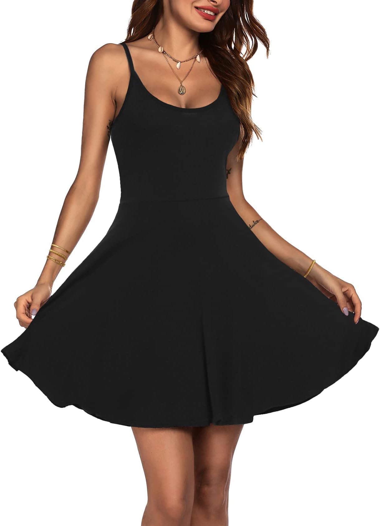ACEVOG Summer Dresses for Women Beach Sexy Black Spaghetti Strap Fit & Flare Sundress Mini V Neck Sleeveless Vacation Dresses