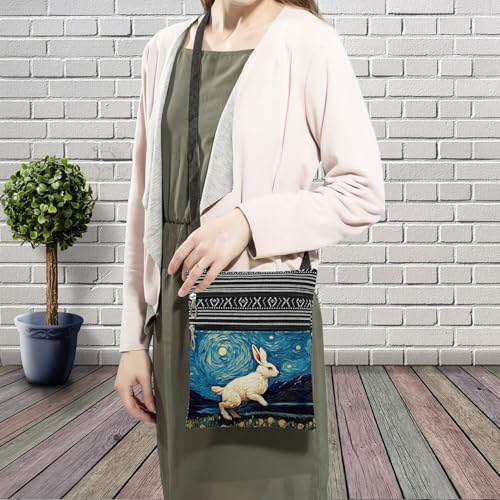Starry Sky Bunny Messenger Bag Small Ethnic Pattern Printed Adjustable Strap Crossbody Zipper Pouch Starry Sky Bunny Phone Organizer Wallet Cute Shoulder Handbag for Women3
