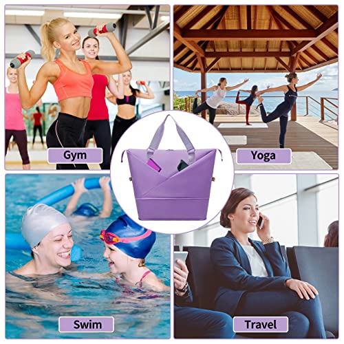 Folding Travel Duffel Bag for Women, Large Capacity Weekender Bag, Waterproof Dry and Wet Separation Sports Gym Bag, Portable Expand Carry On Overnight Tote Bags for Women (Purple)4
