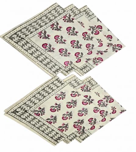 Image of BLOCKS OF INDIA Hand Block Print Cotton Table Napkin Set of 6 (Pink Grey BUTI)