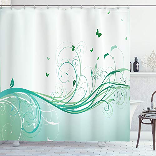 ABAKUHAUS Turquoise Shower Curtain, Illustration Floral Victorian Style Curvy Lines Wave Butterfly Design