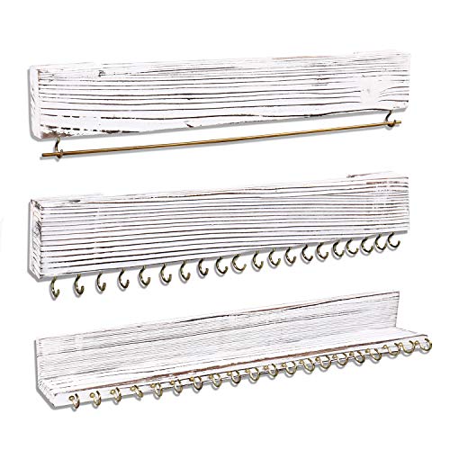 Large Wall Mounted Hanging Jewelry Organizer Set of 3, White Wall-Mounted Wood Necklace