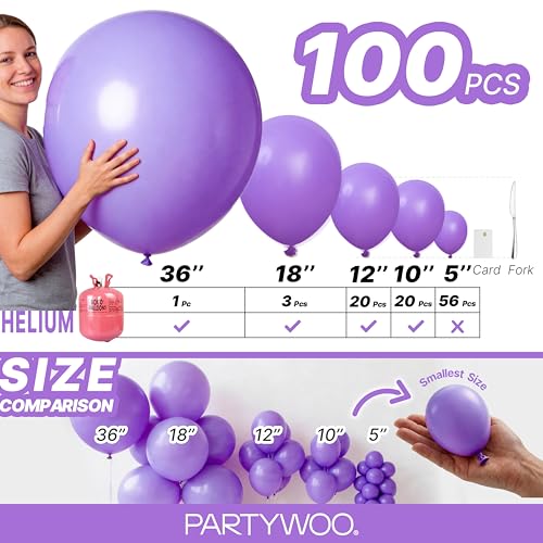 Image of PartyWoo Purple Balloons 100 pcs Different Sizes of 36 18 12 10 5 Inch Light Purple Lavender Lilac Balloon Arch Kit Garland for Graduation Baby Shower Halloween Birthday Party Decorations Purple-Y15