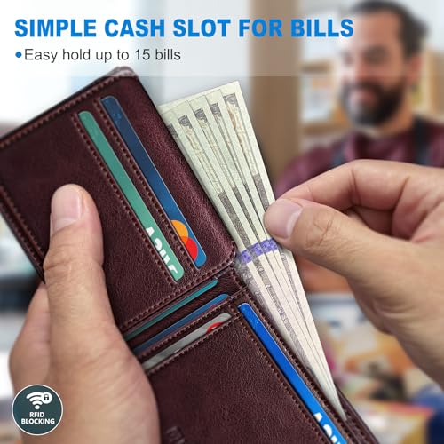 Image of miyozi AirTag Wallet for Men, Slim Leather Bifold with Holder Slot, 2 ID Windows & 13 Card Slots, RFID Blocking Front Pocket Wallet with Gift Box