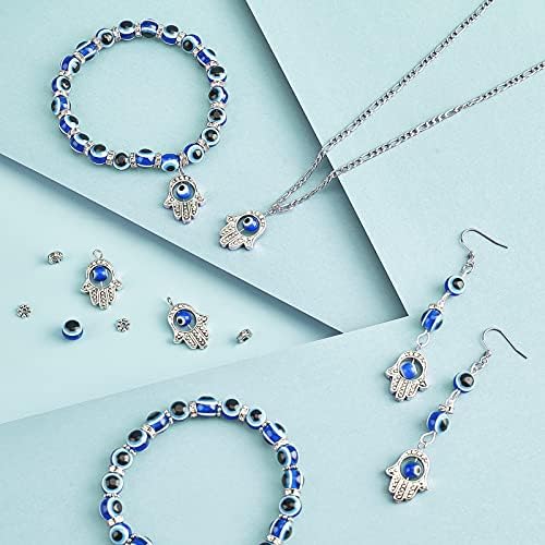 NBEADS 330 Pcs Evil Eye Jewelry Kit, Including 8mm Evil Eye Round Beads, Hamsa Hand Alloy Pendants, Tibetan Style Daisy Beads and Rhinestone Rondelle Beads for Jewelry Making Making