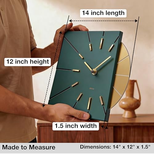 Image of Driini Mid Century Modern Wall Clock, Battery Operated, Green and Gold | Square MCM face with a minimalist midcentury look. Contemporary decorative analog design for kitchen, office or living room
