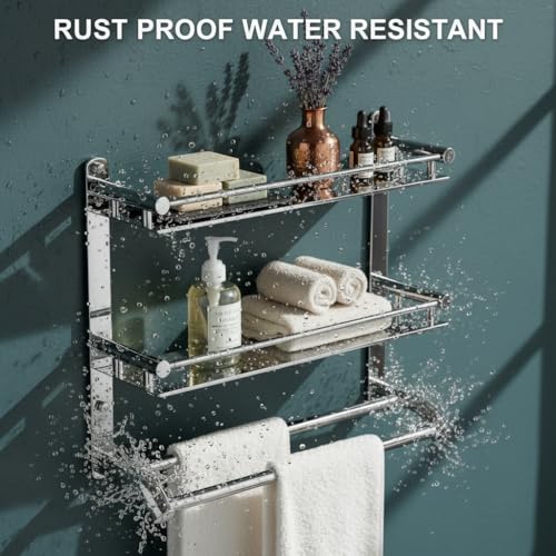 Image of Filox Stainless Steel 2-Tier Bathroom Shelf with Towel Rod | Wall Mounted Multipurpose Bathroom Rack Organizer | Rust Proof Storage Shelf for Toiletries | Heavy Duty Bathroom Accessories Holder