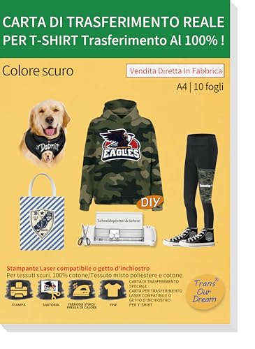 TransOurDream per tutti i Tessuti, a Getto d'inchiostro e laserla Carta di trasferimento Fogli A4X10, per Tessuti Scuri Poliestere, Tela, Strisce, Quadri, Jeans e Tessuti Mimetici (IT -FX-10)