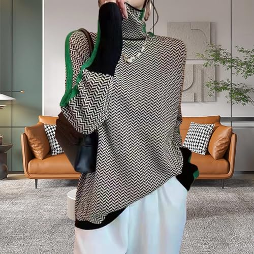 Versatile Style Women Sweater Women's Autumn Winter Contrast Color High Collar Long Sleeve Splicing Design Knitting Tops2