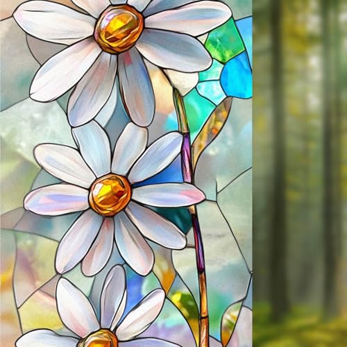 Image of Nuxovilar Gothic Rainbow White Flower Pattern Window Film 17.5x39.3 PVC | White Flowers, Gothic Cling rainbow floral decal, glass door wrap for living room bedroom balcony (White Floral)