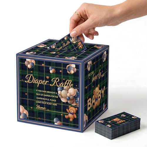 Fiesta de revelación de género con caja de rifa de pañales y boletos decorativos de juego