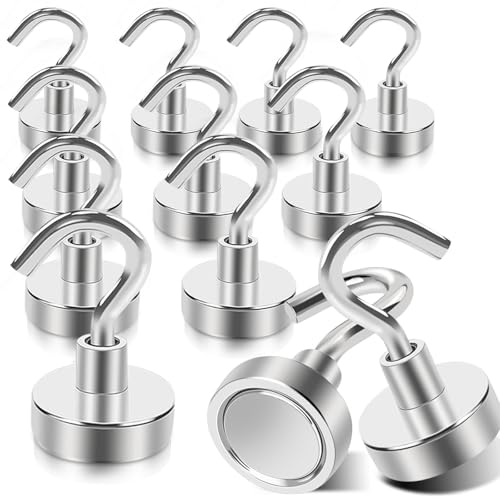 Image of MIN CI Magnetic Hooks Heavy Duty, 35lb+ Strong Magnetic Wall Hooks for Hanging, Neodymium Metal Magnets with Hooks Large Magnetic Hooks, for Classroom Cruise Fridge Kitchen, Pack of 12