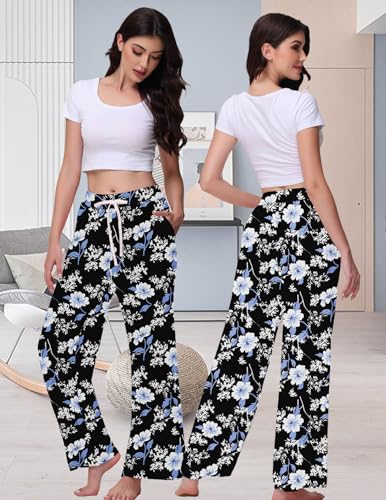 Image of Veseacky Women's Wide Leg Lounge Pants Yoga Pajamas Comfy Stretch Drawstring Pajamas Puls Size Dance Bottoms S-4XL