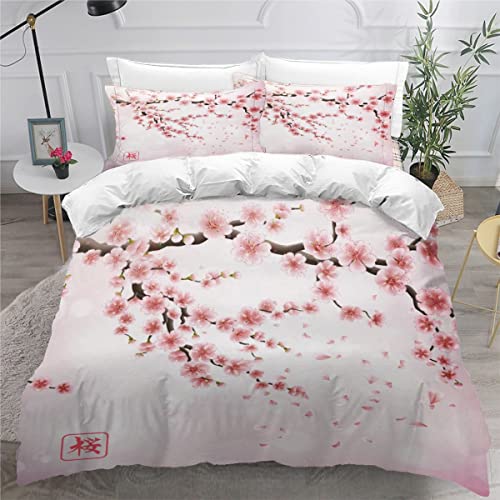 RLYXGS Housse De Couette 140x200cm Enfant Ado Fleurs De Cerisier Parure de lit 3D Japon Ensemble de Literie 1 Personnes avec Fermeture Éclair Et 2 Taies...