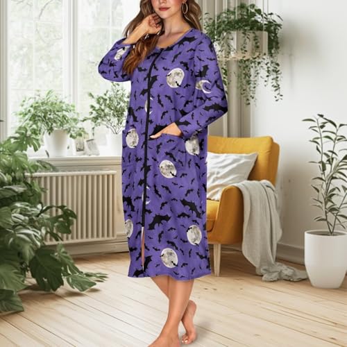Halloween Nightdress Zip Up Robes for Women Full Length Nightgown Soft Housecoat with Pockets Long Sleeve Nighties2