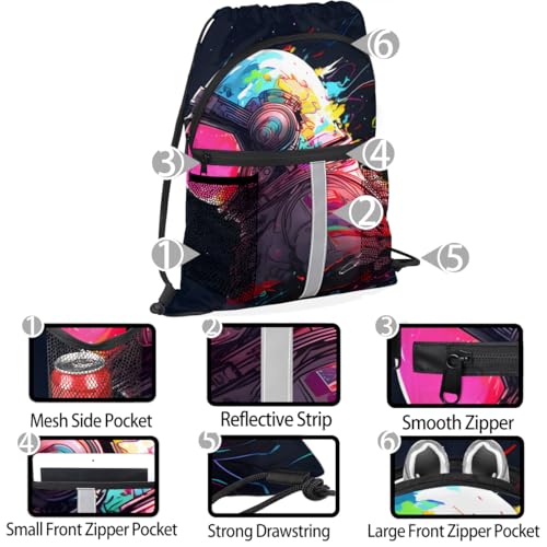 Cartoon Astronaut Drawstring Backpack Waterproof String Bag Sackpack Outer Space Cinch Sack for Traveling Gym Sports with Mesh Pockets4