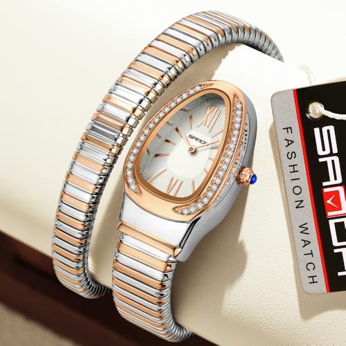 Elegant Women's Snake-Shape Bangle Watch with Diamond Bezel and Roman Numerals - Unique Coil Design for Fashionable Ladies - Image 4