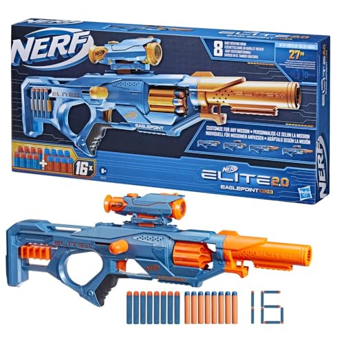 Nerf Elite 2.0 Eaglepoint RD-8 Blaster, 8-Dart Trommel, abnehmbares Fernrohr und Abnehmbarer Lauf, mit 16 Nerf Darts und Bolzen, 27 Meter Schussweite