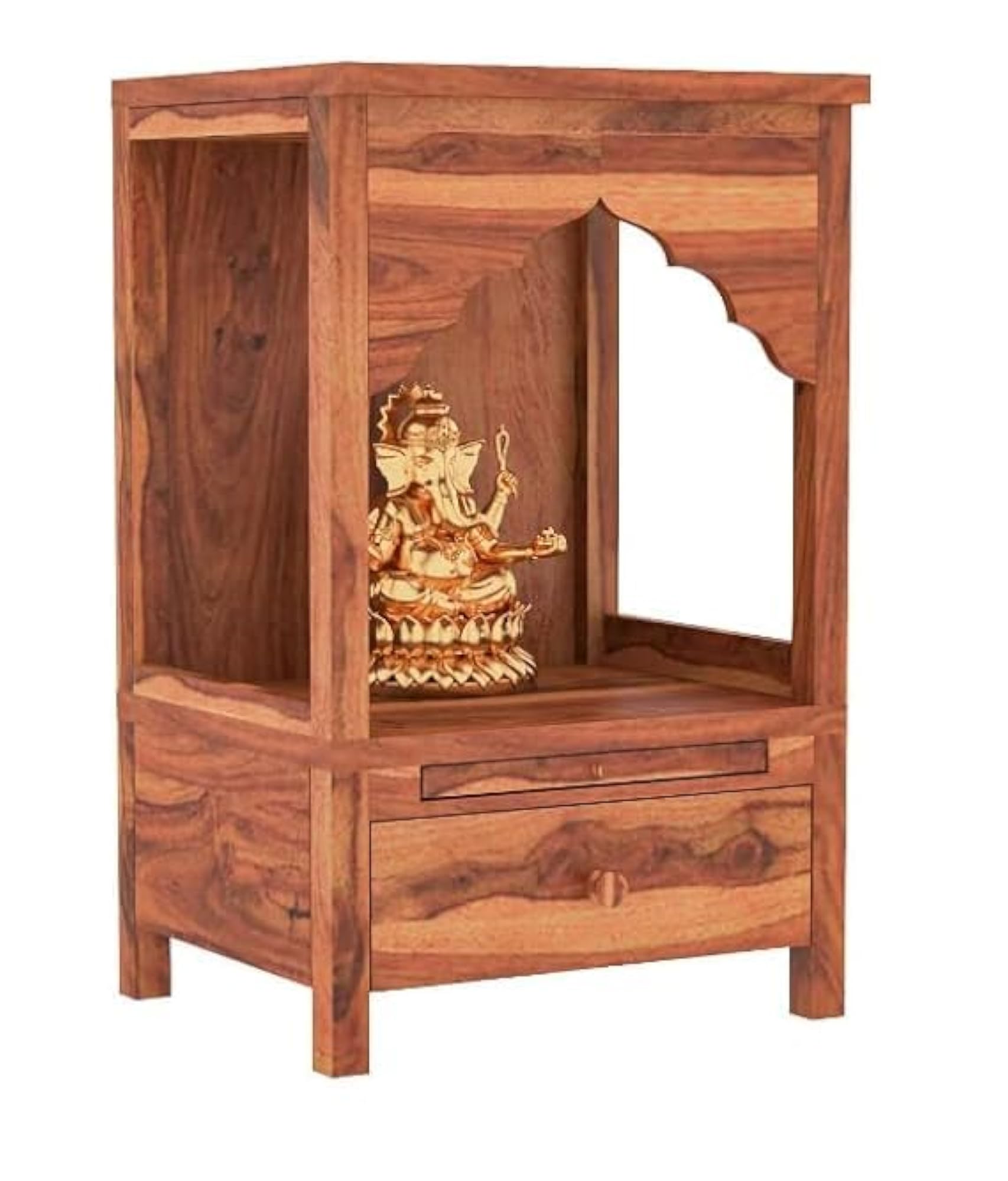 Sheesham Solid Wood Temple Mandir with Drawer, Honey Oak