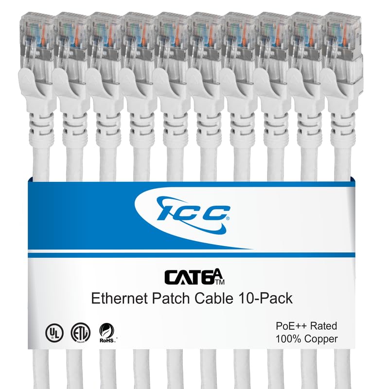 ICC CAT6A U/FTP UL Listed RJ45 Ethernet Patch Cord, Stranded, 500 MHz, Pure Bare Copper Wire, 26 AWG, LAN Network Patch Cable, Slimline Strain Relief, White, 1 FT, 10-Pack