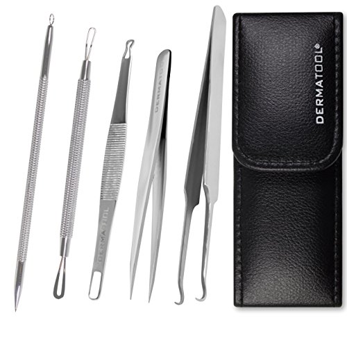 DERMATOOL Premium Blackhead Remover Complete Set - Dermatologist - Esthetician Comedone, Whitehead, Acne, Blemish, Pimple Popper Extractor Tweezer Treatment for Face, Nose Skin Care with Leather Case
