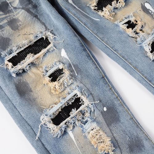 Mens Crystals Patched Jeans Skinny Splash Stretch Slim Distressed Ripped Graffiti Paint Rhinestone Retro Pants3
