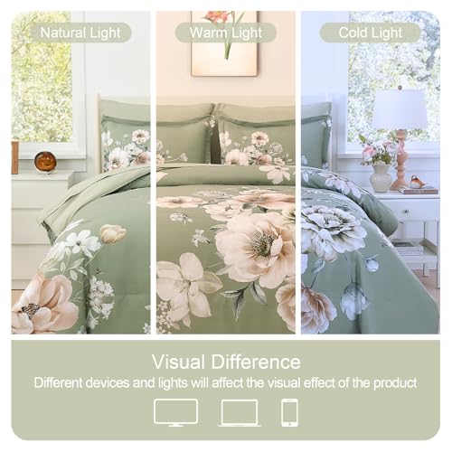 Image of Floral King Size Comforter Set - 7 Piece Botanical Green Flower Bed in a Bag Ulter Soft Microfiber Bedding Set, Lightweight Bed Comforter Set with Sheets for All Season (Green, King)