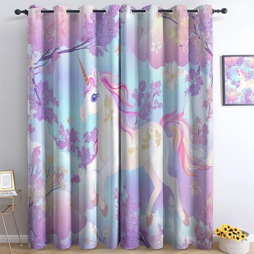 Grommet Curtains Cartoon Style Unicorn Print Thermal Insulated Blue Blackout Window Drapes 59