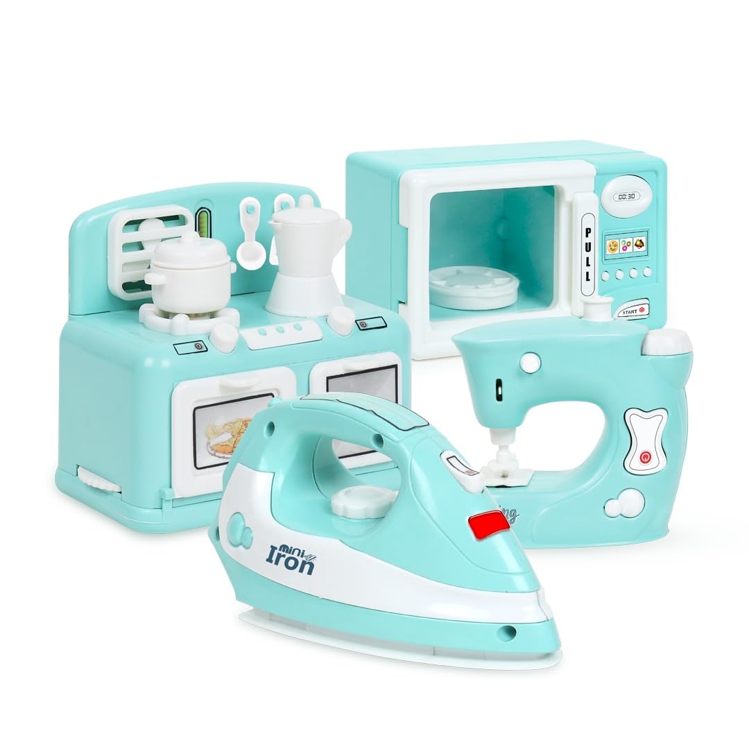 Amazon Brand - Jam & Honey Kids Pretend Play Kitchen Appliance Set - Microwave, Mini Iron, Sewing Machine, Kitchen Mini Oven - Family Essential Jumbo Toy Set for Boys & Girls-image-22