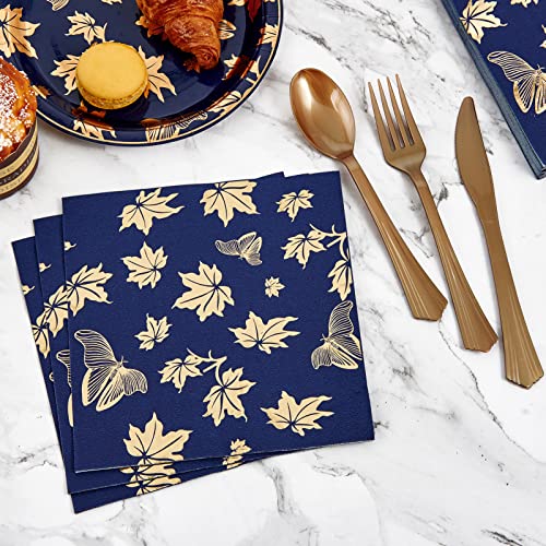 210Pcs Disposable Party Dinnerware Set- 30 Guest | 30 Dinner Paper Plates- 30 Dessert Paper Plates- 30 Plastic Silverware Set- 30 9Oz Paper Cups- 30 Napkins, Blue Plate Maple Leaf Design #TOP3