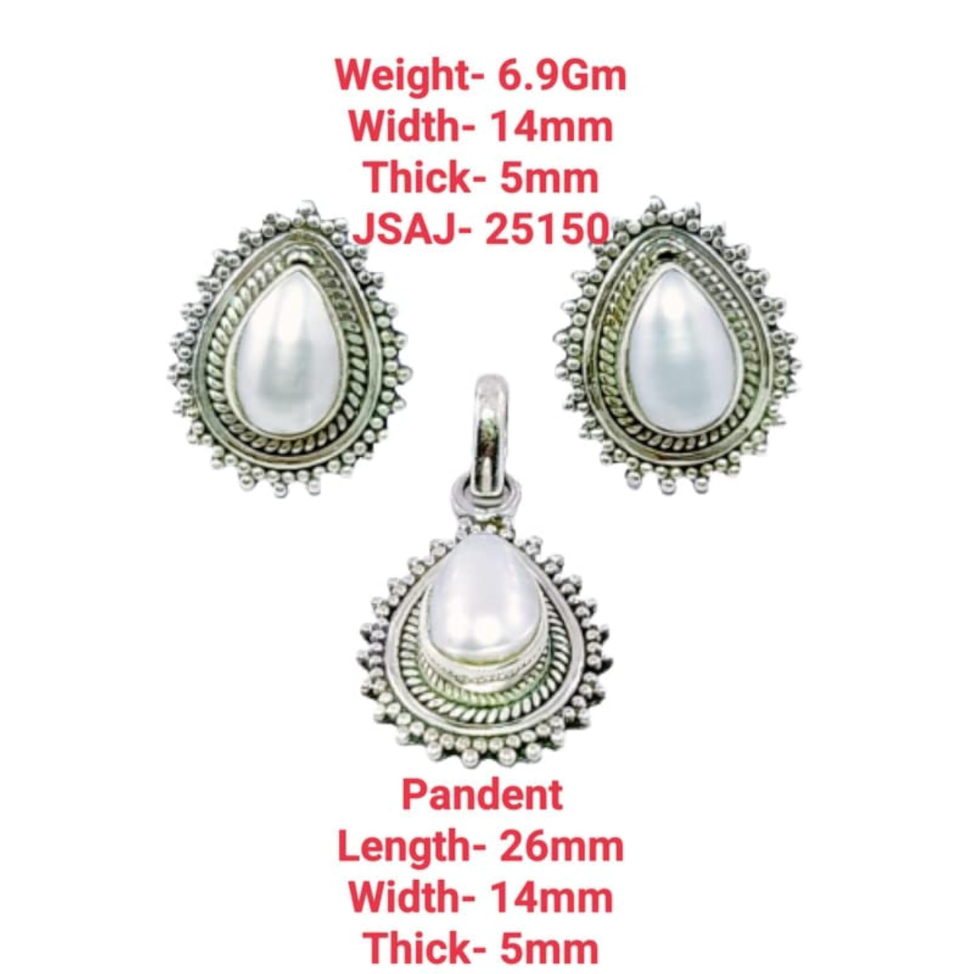 Paan Shape Rawa Work Pendant Set with Ruby, Emerald, Onyx, Pearl, Silver