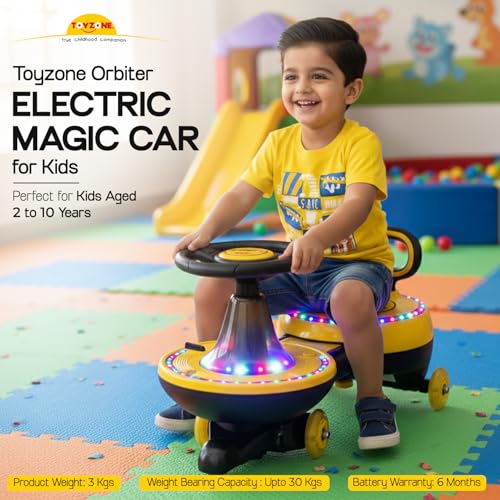Image of Toyzone Orbiter Electric Magic Car (Yellow) | Rechargeable Ride On with 12V 4.5 AH Battery | Colourful LED Lights & Music | Made in India | 6M Battery Warranty | Age 2-10 Years, Upto 30 KGs