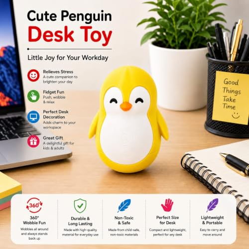 Image of Penguin Roly-Poly Toy, Wobble and Tumble Stress Relief Fidget, Fun Desk Toy for Kids and Adults (Yellow)
