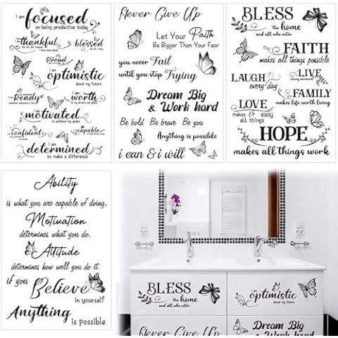 XEFINAL Inspirational Butterfly Rub on Transfers Sticker, 4pcs, 11.8 x 7.8 inch, Vintage Rose Word for Furniture, Waterproof Plastic Decal, Crafts, Wall, Kid, Single Use Cover