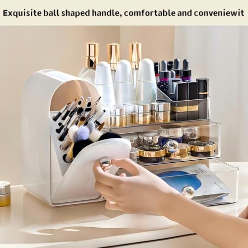 Image of Makeup Organizer for Vanity with Covered Brush Holder,Bathroom Organizers with Drawer,Skin Care Organizer,Makeup Organizers for Vanity with Drawer,Large Makeup Storage for Dresser, White
