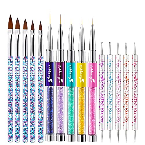 Monja Nail Art Brushes 15pcs Acrylic Gel Polish Liner Dotting Pens Set Rhinestone Handle Manicure Design Beauty Tools