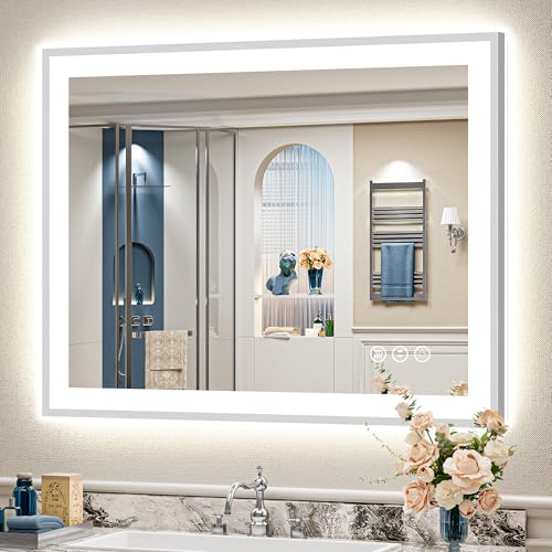 Image of 40x32 Brushed Nickel LED Bathroom Mirror with Lights, Backlit & Front-Lit, Anti-Fog, Framed Lighted Vanity Mirrors for Bathroom Wall, Dimmable, 3 Colors, Memory, Shatter-Proof, Tempered Glass