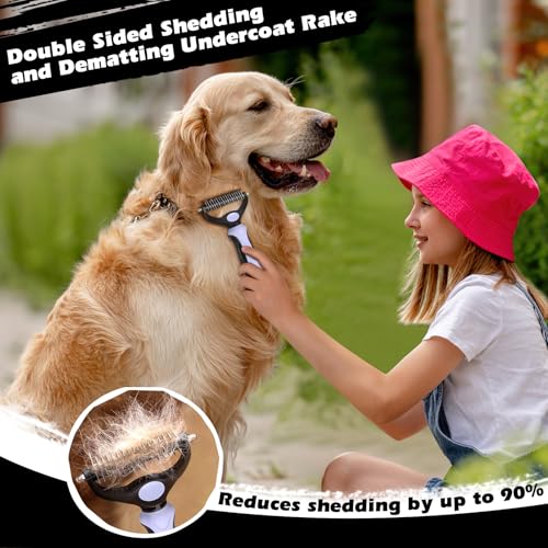 Image of Professional 3PCS Self Cleaning Slicker Brush & Pet Grooming Rake & Flea Comb for Dogs,Cats and Horses | Double-Sided Dematting Comb & Skin Friendly Deshedding Grooming Tool (Light Purple)