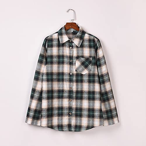 Women Plaid Jacket Single Breasted Pocket Splicing Long Sleeve Woolen Jacket Coat Female Tops Shirt Blouse H-Green #TOP2