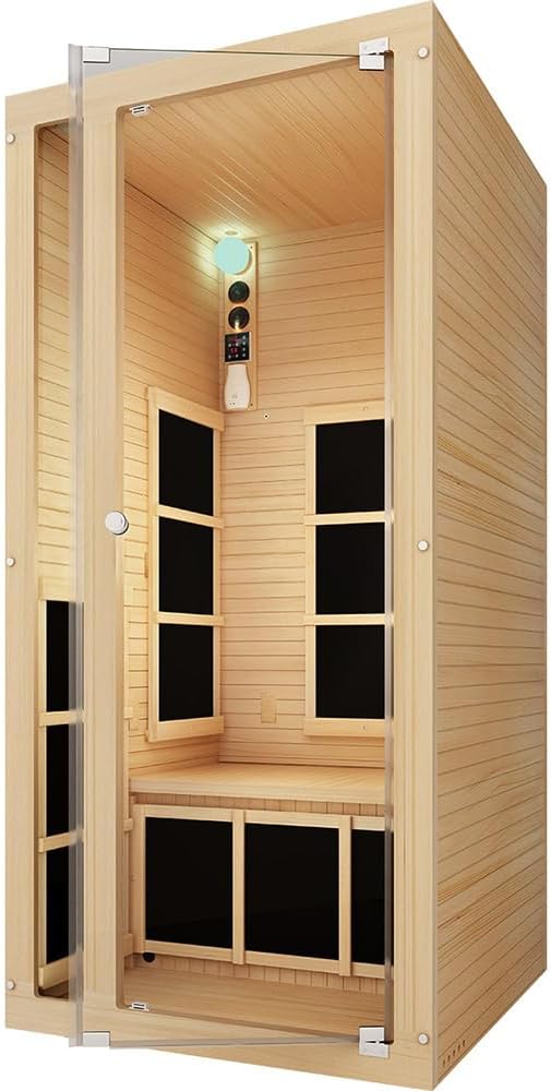 JNH Lifestyles Joyous 1- to 2-Person Low EMF Far Infrared Sauna with Color Light Therapy | Personal Indoor Dry Heat Sauna for Home & Gym – Made from Canadian Hemlock