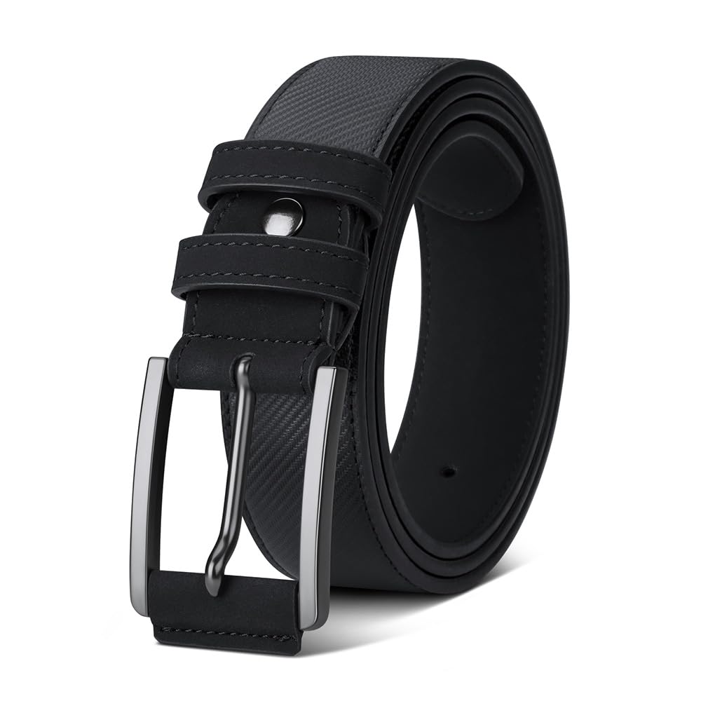 VANNANBA Mens Casual Leather Belt with Black Harness Buckle-Modern Fashion Dress Belt for Work Business and Casual