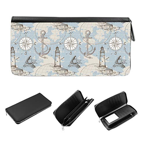 Women's Zip Around Wallet and Phone Clutch - RFID Blocking with Card Holder Organizer - Hand drawn sea map with compass, lighthouse, anchor and seashells