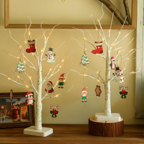 EAMBRITE Lighted Birch Tree with Christmas Ornaments, 2 Pack Small