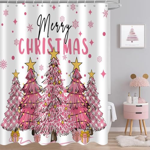 Amazon.com: Pink Christmas Shower Curtains for Bathroom Set,Christmas ...